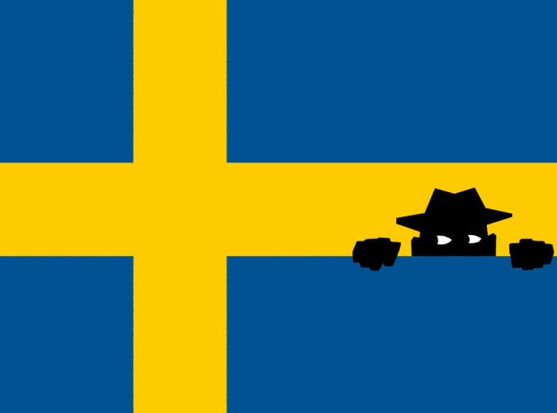 Illustration of a spy peaking out through the cross bar of the cross on the Swedish flag